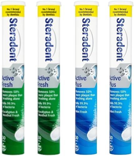 4xSteradent Active Fresh & Active Plus Denture Cleaning Tablets - Daily Denture Cleaning Bundle 120 Tablets - Pack of 4