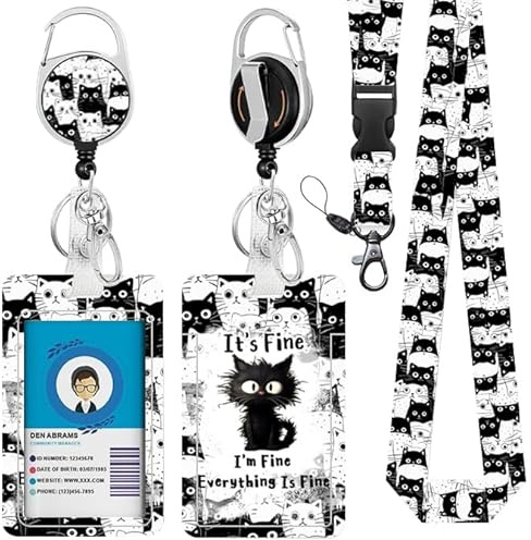 Katzen-Schlüsselband für Ausweis, schwarze Katze, Ausweishalter mit einziehbarem Rollenclip und Schlüsselanhänger, vertikale Ausweishülle mit Namensschild für Studenten, Lehrer, Krankenschwestern