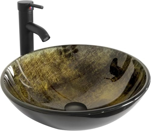 YU YUSING Lavabo da Appoggio in Vetro, Lavandino Bagno Rotondo con rubinetto, Lavabo Bagno Moderno, Lavello Cucina, Bagno, Cucina, Ospiti, WC, Bronzo e Nero, 42 x 42 x 14 cm