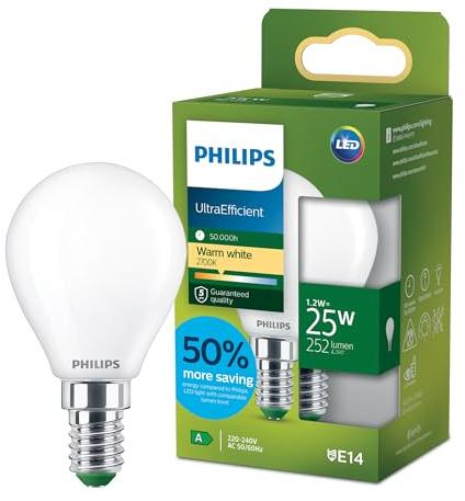 Philips LED UltraEfficient Frostad P45 ljuskälla, E14 sockel, energiklass A, 252 lm, 25W ekvivalent, varmvit (2700K), EyeComfort, 50 000 timmar, 1 förpackning