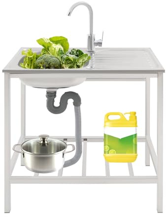 Lavabo pour linge, évier de cuisine autoportant, avec robinet à 360°, surface de rangement et étagère inférieure, idéal pour la cuisine, le garage, l'abri de jardin et la salle de loisirs, capacité de