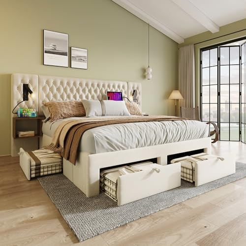 YAIXBNG Sängsystem sovrum komplett set, klädselsäng, dubbelsäng 160 × 200 cm med 2 sängbord och 4 lådor, huvudgavel lä med USB-laddningsfunktion, beige, sammet (utan madrass)
