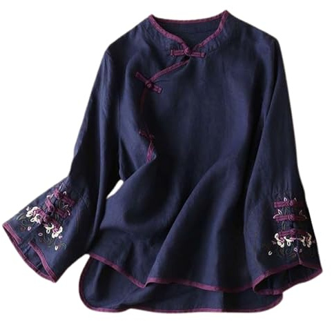Zanisouta Blusa de seda para mujer, camiseta de manga larga china, blusa de traje tradicional, bordado, túnica, campana, camisa informal, botón de rana, blusa, blusa festiva