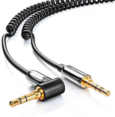 deleyCON 60cm Câble Audio Jack 3,5mm Spiralé (Mâle à Mâle) - Connecteurs Coudés 90° Plaqués or - pour Casque, AUX, Stéréo - Noir