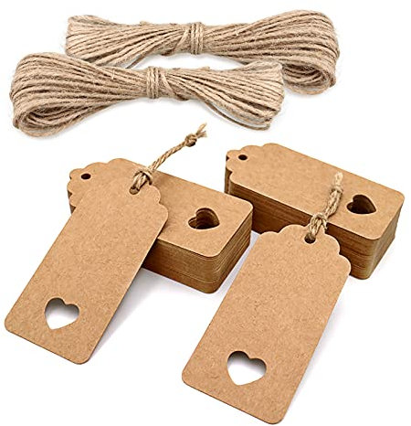 jijAcraft 100 Stück Geschenkanhänger Hochzeit Anhänger Kraftpapier Etiketten 9,5 x 4,5 cm, Anhängeetiketten mit Juteschnur, für Valentinstag, Hochzeit, Taufe, Weihnachten Geschenkverpackung (Braun)