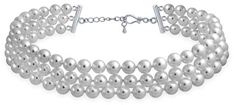 Bling Jewelry Collana A Girocollo Con Tre File Di Perle Grigie Simulanti Realizzata A Mano Per Sposa Per Ragazze Adolescenti E Donne Placcata In Argento