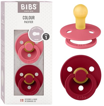 BIBS Colour Soother 2-Pack, BPA Free Dummy Pacifier, Round Nipple. Natural Rubber Latex, Size 1 (0-6 Months), Coral/Ruby