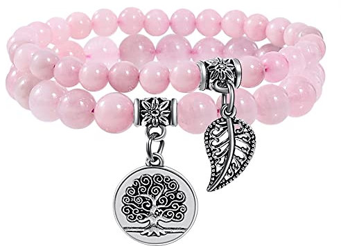 Farfume Chakra Bracelets for Women - Crystals Bracelet Women Natural Gemstones Yoga Reiki Bangle- A Set of Double Bracelets（Pink Rose Quartz & LifeTree（Medium）