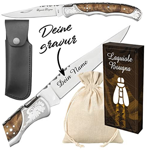 Laguiole Klappmesser personalisiert - mit Wunsch Gravur auf der Klinge - Taschenmesser graviert mit Name in schwarzer Farbe graviert Burl