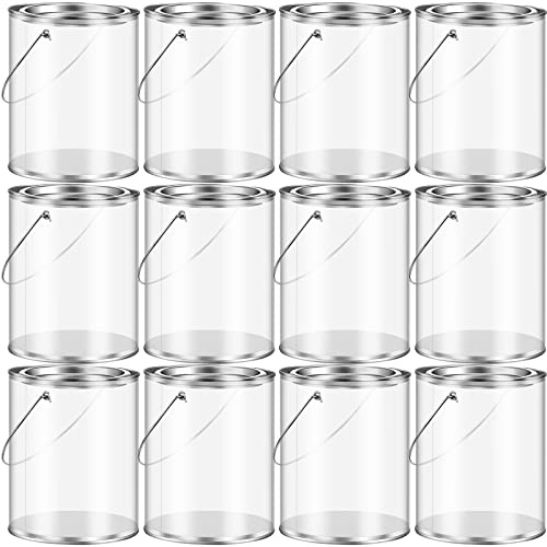Yalikop 12 Pack Clear Paint Cans with Metal Lids, Plastic Empty Storage Bucket Paint Can Containers and Handle for Putting Candy, Party Favors Cans, Decor and DIY Projects (5 Inch Tall)