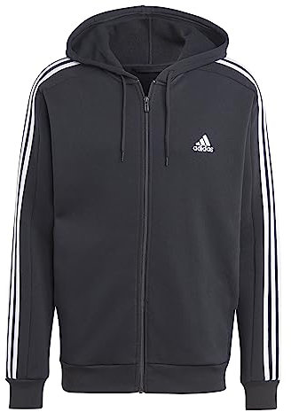 adidas Uomo Essentials Fleece 3-Stripes Full-Zip Hoodie, Black/White, XS