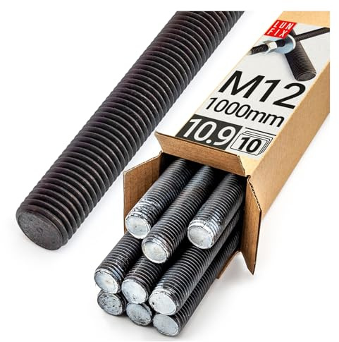 Varilla Roscada M12x1000 mm, Acero 10.9, 10 piezas, Métrica Completa DIN 976, Rosca Métrica, Varilla para Anclaje, Fijaciones Metálicas y Montaje Industrial, Barra Roscada Metálica, Lun Fix