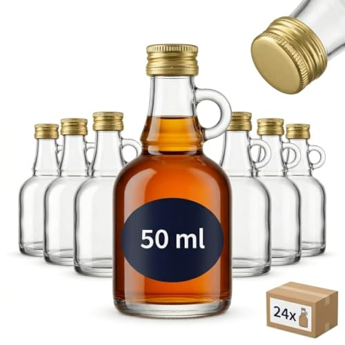 gouveo Set da 24 mini bottiglie in vetro con manico rotonde (0,05 l) tappo a vite PP 18 dorato per liquori olio aceto porzioni e decorazioni (HF050SG)