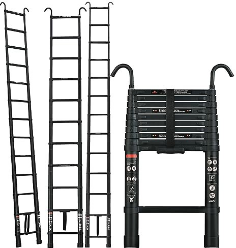 3.8M/13.5FT Telescopic Ladder With 2 Hooks - Aluminium Extension Multi Purpose With Adjustable Height, Non-Slip Feet for Household, Max Load 150kg/330lb, Black
