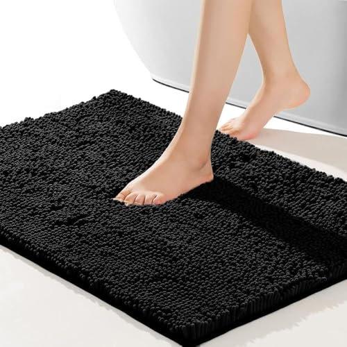 RUN HELIX Chenille Bath Mat, Non Slip Extra Soft Bath Toilet Mat 40x60 cm, Super Absorbent Bath Rug for Bathroom, Bedroom, Shower and Tub, Washable Quick Drying Bathroom Mat Black