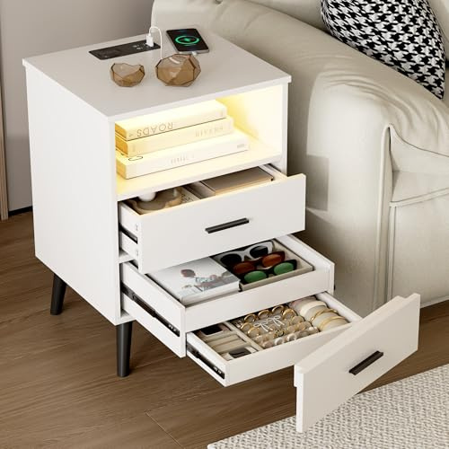 Vlsrka LED Nachttisch mit Geheimfach, Nachttisch mit Ladefunktion, Modern Nachttische mit Versteck und 2 Schubladen, Nachttische Holz für Schlafzimmer, Kabelloses Laden, 3 Farben Licht, Weiß