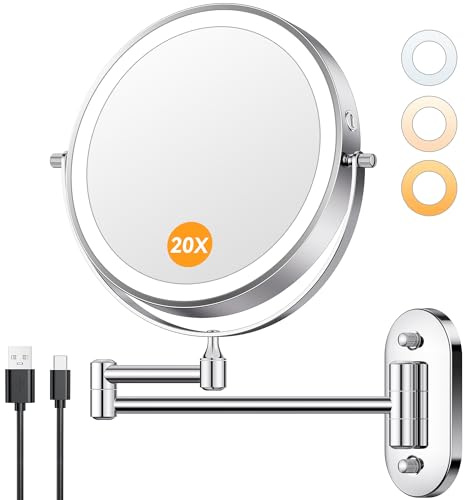 Auxmir 8'' Wall Mounted Lighted Makeup Mirror, 3200mAh Rechargeable Double-Sided 1X/20X Magnifying Mirror with Light, Touch Dimmable 3 Color Light, 360° Rotation Foldable Extended Arm, Chrome