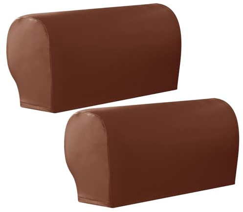 FANSU Waterproof Armrest Covers for Sofa, PU Armrest Slipcovers Set of 2 Pieces Stretch Armchair Covers for Arms Anti-Slip Sofa Arm Covers Protectors Washable Arm Caps (Brown)
