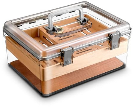 CIGARLOONG Cave à cigares en Acrylique avec hygromètre, humidificateur et Plateau en Bois de cèdre, boîte à cigares Moderne Transparente avec poignée, Cadeau pour Homme (Moyenne)
