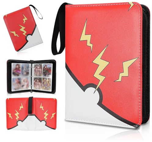 Collectible Trading Card Albums,4 Pocket Card Binder, 400 Double Sided Pocket PU Premium Zip Trading Collection Binderwith 50 Removable Sleeves, Card Folder forTCG, Sports Cards (Red & Yellow)