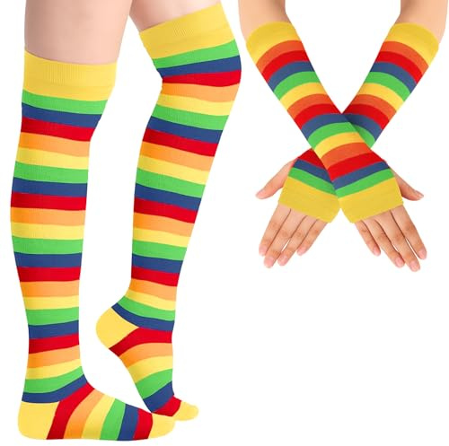 Calentadores de Brazos y Piernas Calcetines Medias hasta Rodilla a Rayas Guantes sin Dedos para Mujer
