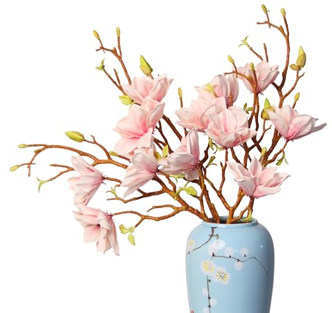 cn-Knight 3 rami di fiori di magnolia artificiali, stelo lungo 78,7 cm, fiori finti di alta qualità per decorazioni per la casa, centrotavola e composizioni per matrimoni, rosa
