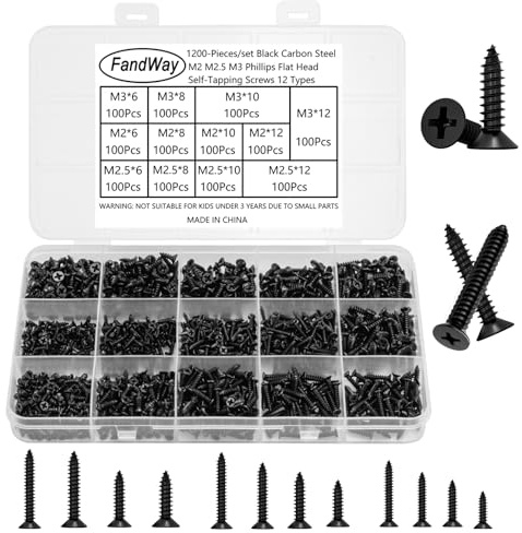 FandWay 1200 Pièces Petites Vis Autotaraudeuses Tête Fraisée Noir M2 M2.5 M3 Mini Vis à Bois Tête Plate Cruciforme,Tôle Autoperceuses Pour Plastique Bois Devoirs DIY.