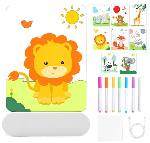 TXErfolg Tableau lumineux Message LED, 20x15cm Tableau Magique Acrylique avec 6 Couleurs Stylo, DIY Tableau D'écriture LED Lumineux, Cadeau Anniversaire Pour Garçons et Filles(Animaux terrestres)