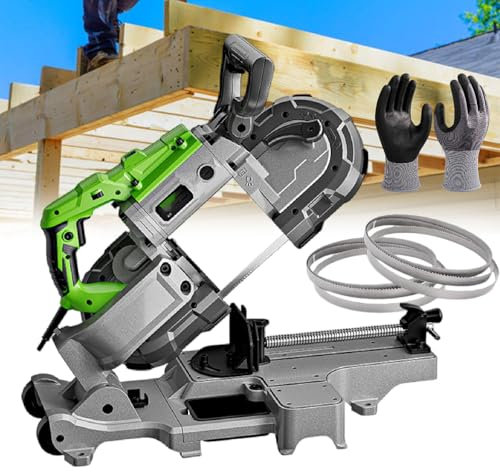 Portable Band Saw, 1100W Cold Cutting Metal Saw, 45° Bevel Cutting, 4.72 in Cutting Diameter, Includes 1 Glove & 6 Saw Blades for Copper, Aluminum, Steel