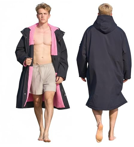 Owntop Waterproof Swim Parka for Kids Youths and Adults - Unisex Hooded Surf Poncho, Oversized High-Low Hem Windproof Changing Robe, Sherpa Winter Warm Beach Towel Jacket with Pockets Black Rose S