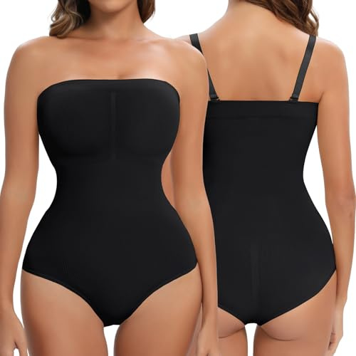Miguofan Strapless Bandeau Shapewear Bodysuit for Women Tummy Control | Seamless Full Body Shaper Compression Body Suit Slimming Triangle Bodysuits With Removable Straps, All Day Wear Tube Tops