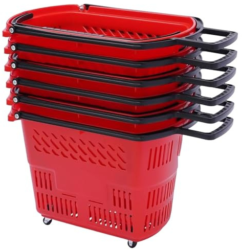 Set med 6 shoppingkorgar med stor kapacitet med hjul, perfekta för stormarknader, butiker och tvättstuga – hållbar, lätt att manövrera, mångsidig förvaringslösning