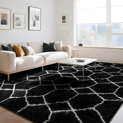Untimaty Geometric Rugs Living Room - 160x230cm Extra Large Black Rug, Ultra Soft Fluffy Shaggy Rug for living room, Washable Anti Slip Area Rug Carpet for bedroom Kid Baby Room Dorm Lounge Decor