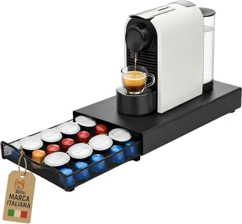 AKITAInk Portacapsule Caffè in Metallo con Cassetto, Organizer 40 Capsule Salvaspazio con Supporto per Macchina Caffè, Nero 37,5x17,5x4,5 cm