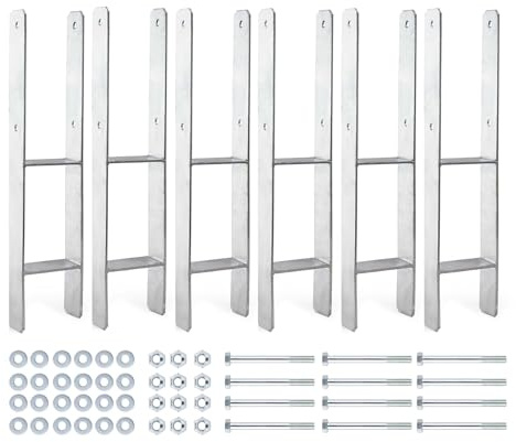 XPOtool Supports de poteaux galvanisés à chaud 6 pièces 91 x 600 mm, ancrage en H en acier au carbone, ancrage de poteau avec trous de perçage M10 x 110, semelle de poteau avec 2 entretoises