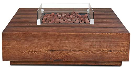 intergrill Gasfeuerstelle Fire Pit | 110 x 110 x 33 cm | Quadratischer Feuertisch Feuerschale für Garten mit Lavasteinen | Holzoptik mit Glas