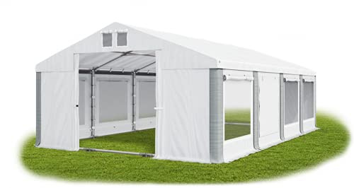 Das Company Partyzelt 5x8m Lagerzelt Universalzelt Moskitonetz Zelt weiß-grau mit Bodenrahmen und Dachverstärkung 560g/m² PVC Plane wasserdicht Robust Festzelt Gartenzelt Summer Plus ISDM