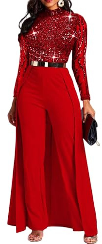 VERWIN Patchwork Overlay Embellished Plain Women's Jumpsuit High-Waist Woman Romper (Medium, Red Sequin)