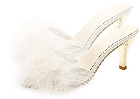 Holibanna Fluffy Slip on High Heels Faux Kitten Heel Summer Sandals Mules on Open Toe Backless Dress Low Heeled Slipper Fuzzy Slippers Sandal for Women Ladies