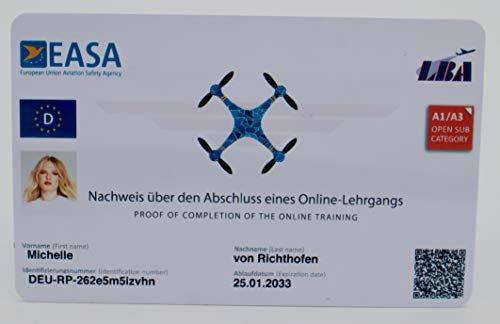 MJ Drone - Licencia de conducir con código QR + identificación fotográfica y dirección en la parte posterior, prueba de competencia para licencia A1-A3, A2 o STS en tamaño de tarjeta de crédito,