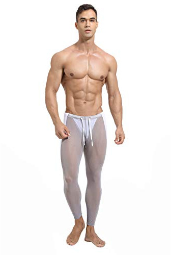 Kaerm långa kalsonger för män med mjukt midjeband genomskinliga byxor underkläder strumpbyxor leggings smal passform hög midja sportbyxor med ränder dragsko fram, GRÅ, L