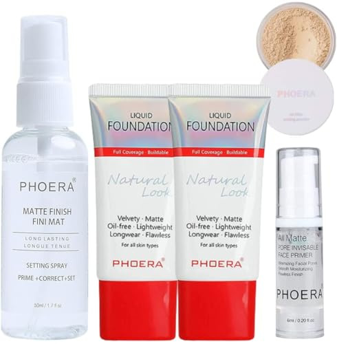 Phoera Foundation Full Coverage Makeup Set - Includes Nude & Buff Beige 30ml Matte Foundation Tubes, 6ml Face Primer, Cool Beige Setting Powder & 50ml Setting Spray for Shine-Free Matte Finish