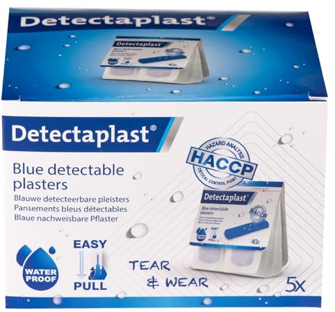 Detectaplast plåsterdispenser, första-hjälpen-sats och påfyllningsset, 5 set av påfyllningsförpackningar med 40 blå och vattentäta plåster, 200 plåster för sår för livsmedelsindustrin