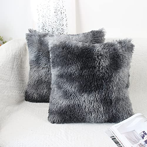 OYIMUA Set di 2 federe per cuscino, 40 x 40 cm, colore grigio scuro, soffici decorativi, in pelliccia sintetica