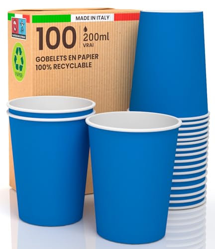 100 Verres en Papier Couleur Bleu 200 ml Écologiques, Gobelets Jetable par Emporter, Résistant à la Chaleur, Carton de Qualité, Boissons Froides, Chaudes, Café, CAPPUCCINO