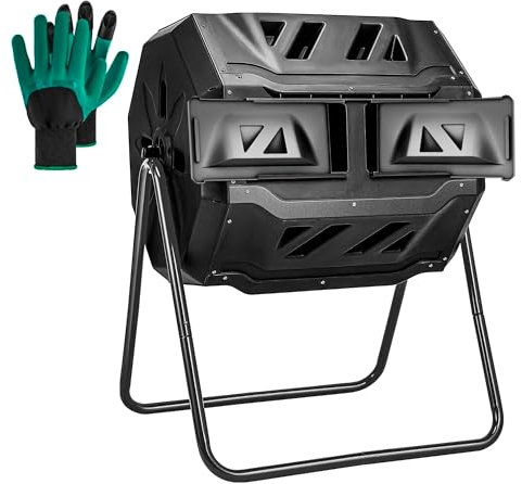 Hourleey Bac à compost d'extérieur de 119 litres à double chambre avec portes coulissantes, mélangeur compost, bac à composteur rotatif pour jardin, cuisine, cour