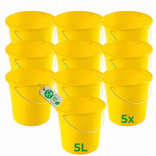 Novaliv Lot de 10 seaux de 5 l jaune avec graduation dimensionnelle - Seau de nettoyage de 5 litres ? 22,5 cm - Pratique et polyvalent avec graduation pour la maison et le jardin - Idéal comme seau