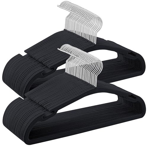 SONGMICS Kleiderbügel Samt, Bügel 50er Set, 43 x 21 cm, Samtbügel rutschfest, breite Schulterkerben, Stange für Hosen, 360° drehbarer Haken, platzsparend, für Garderobe, tintenschwarz CRF039B03