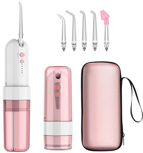 GEEDIAR Irrigador Bucal Portatil - 5 Boquillas, 4 Modos, 150ML, IPX7 Impermeable, Recargable USB-C, Limpieza Profunda para Dientes y Encías, Ideal para Hogar y Viajes, Rosa