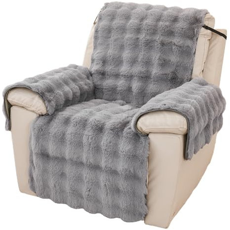 NUODWELL Thick Rabbit Plush Recliner Chair Cover, Super Soft Faux Fur Armchair Slipcover, Non Slip Washable Furniture Protector Cover with Tightening Straps for Kids and Pets (Dark Grey)